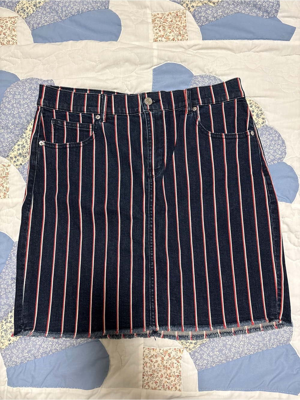 Dynamite Navy Mini Skirt with Red and White Pinstripes